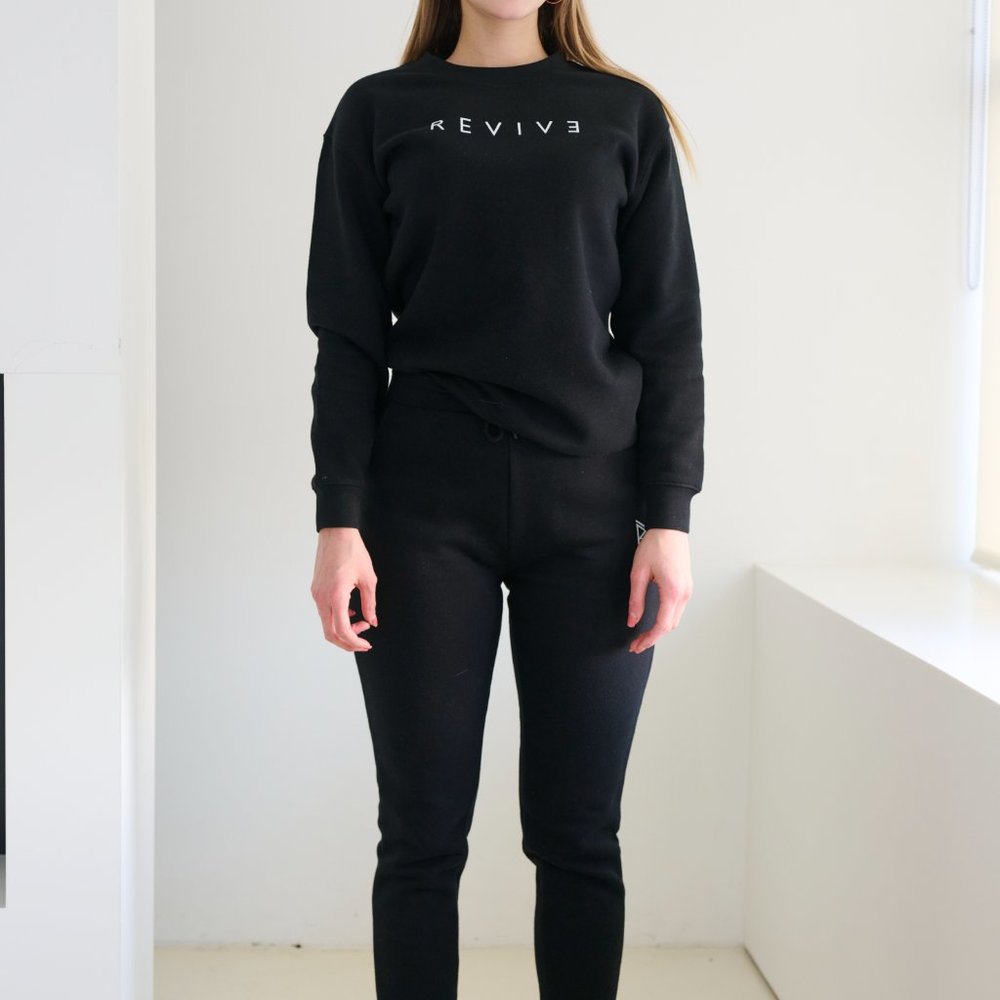 Revive Loungewear. Two Piece Lounge Set, Crewneck Sweatshirt and Jogger - Black - Picture 3 of 11